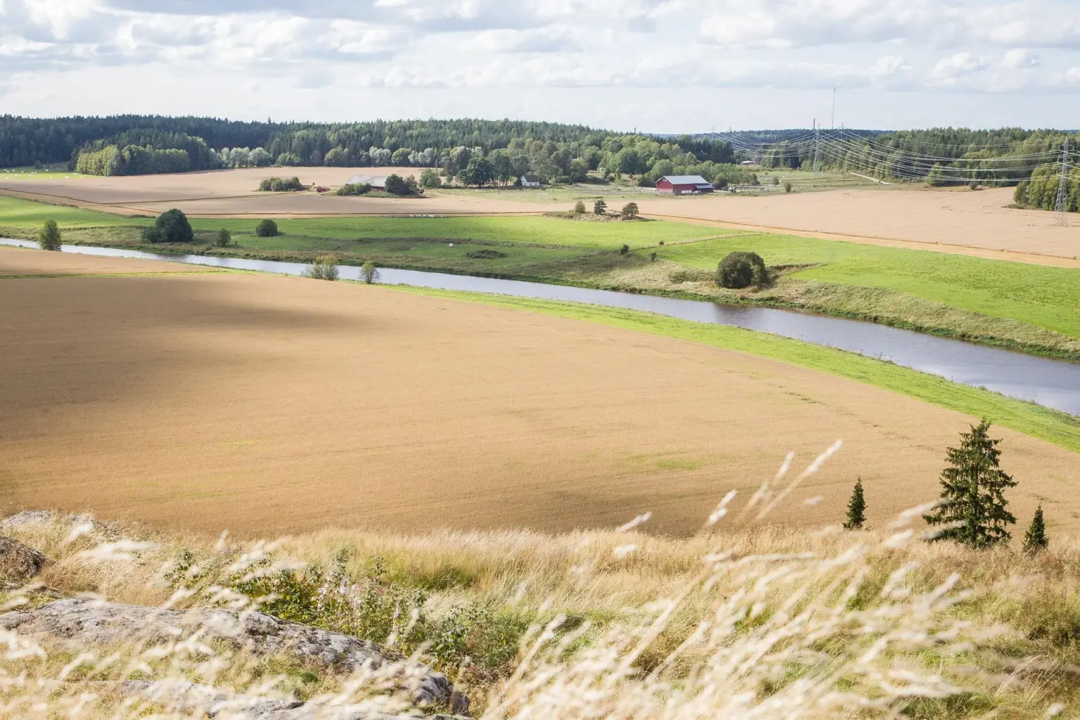 Åkrar och gårdar längs en å i finländskt landskap
